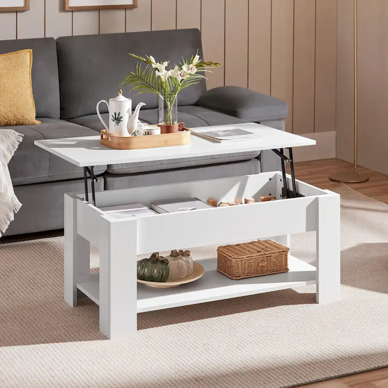 Table basse relevable de 98 cm avec rangement caché et étagère inférieure — Multifonctionnelle