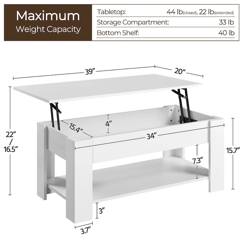 Table basse relevable de 98 cm avec rangement caché et étagère inférieure — Multifonctionnelle