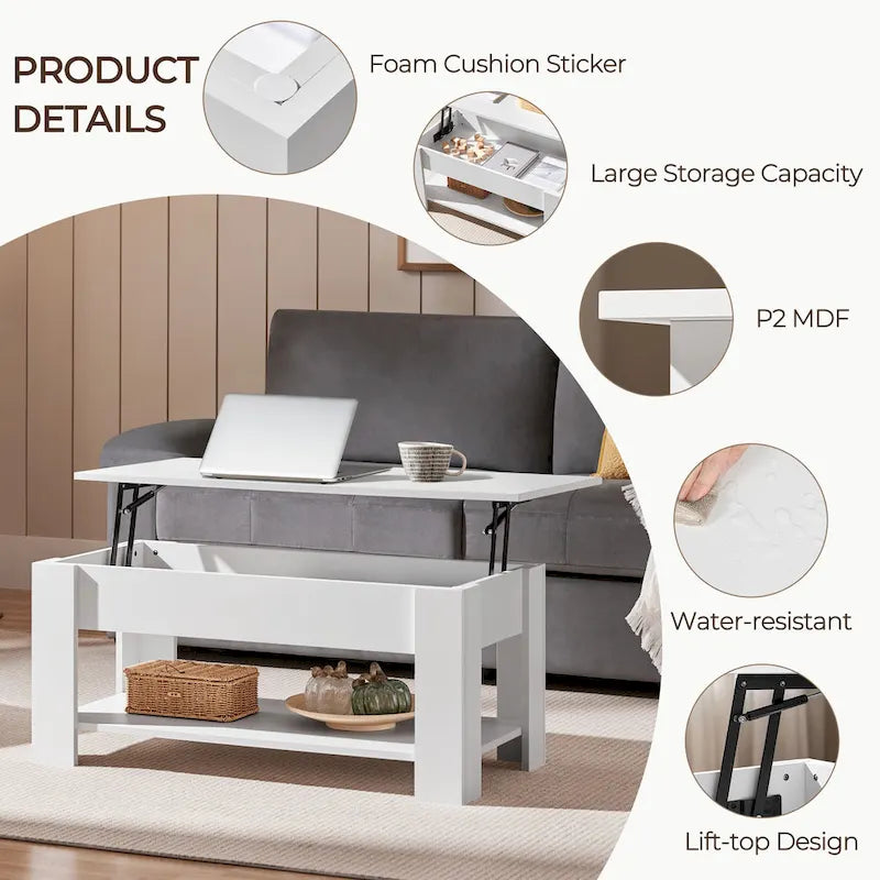 Table basse relevable de 98 cm avec rangement caché et étagère inférieure — Multifonctionnelle