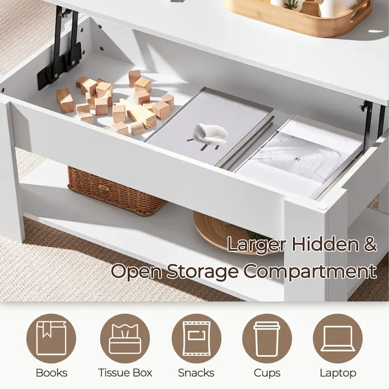 Table basse relevable de 98 cm avec rangement caché et étagère inférieure — Multifonctionnelle