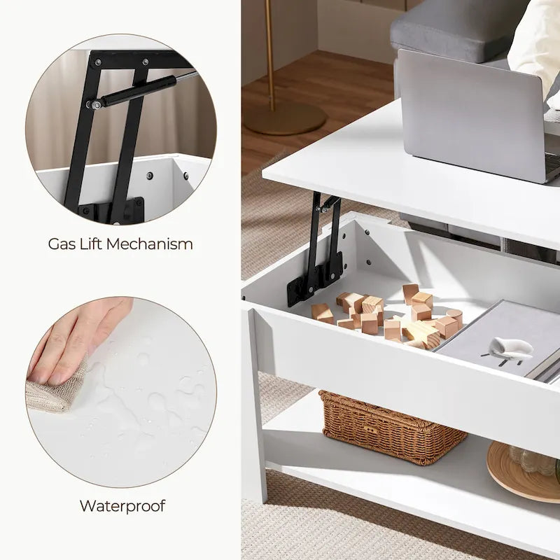 Table basse relevable de 98 cm avec rangement caché et étagère inférieure — Multifonctionnelle