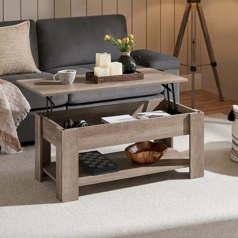 Table basse relevable de 98 cm avec rangement caché et étagère inférieure — Multifonctionnelle