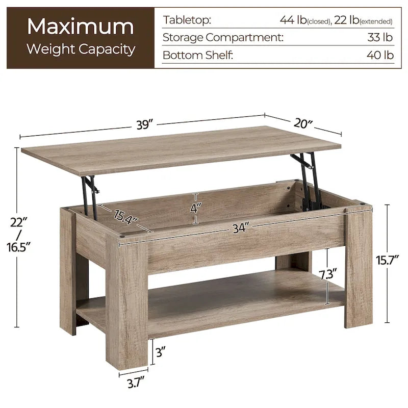 Table basse relevable de 98 cm avec rangement caché et étagère inférieure — Multifonctionnelle