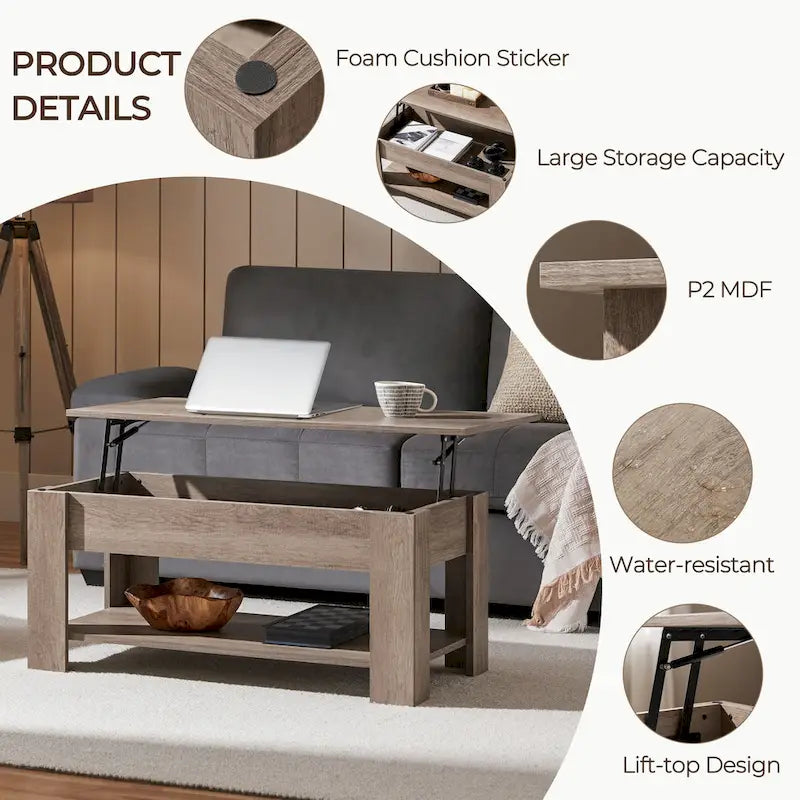 Table basse relevable de 98 cm avec rangement caché et étagère inférieure — Multifonctionnelle