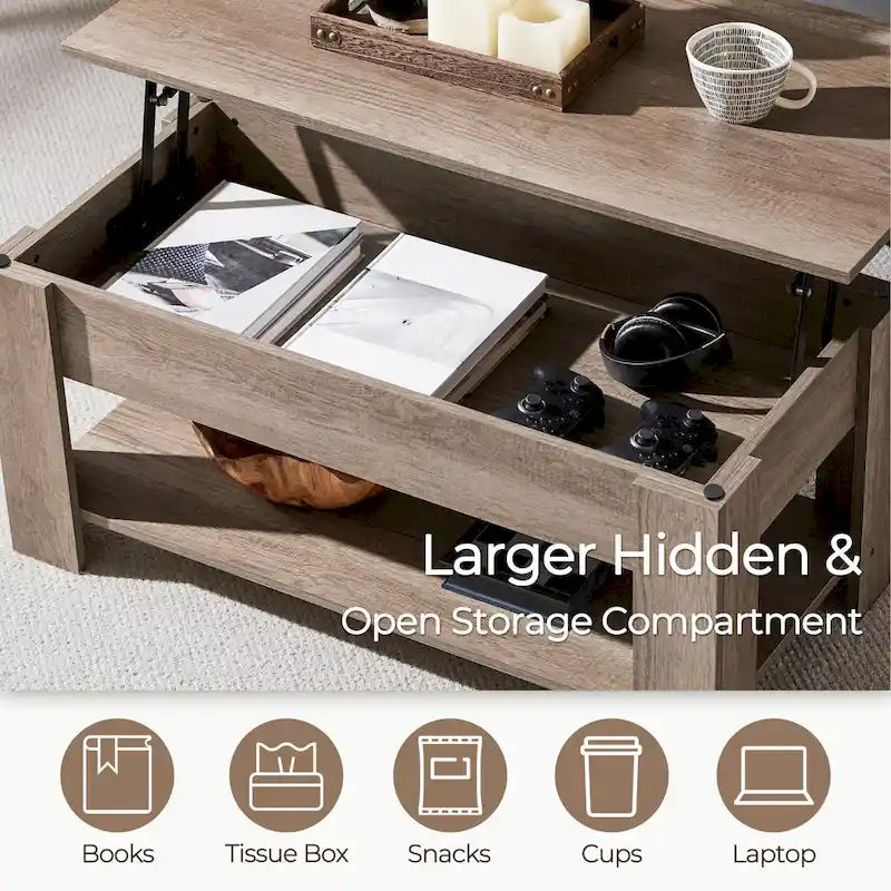 Table basse relevable de 98 cm avec rangement caché et étagère inférieure — Multifonctionnelle