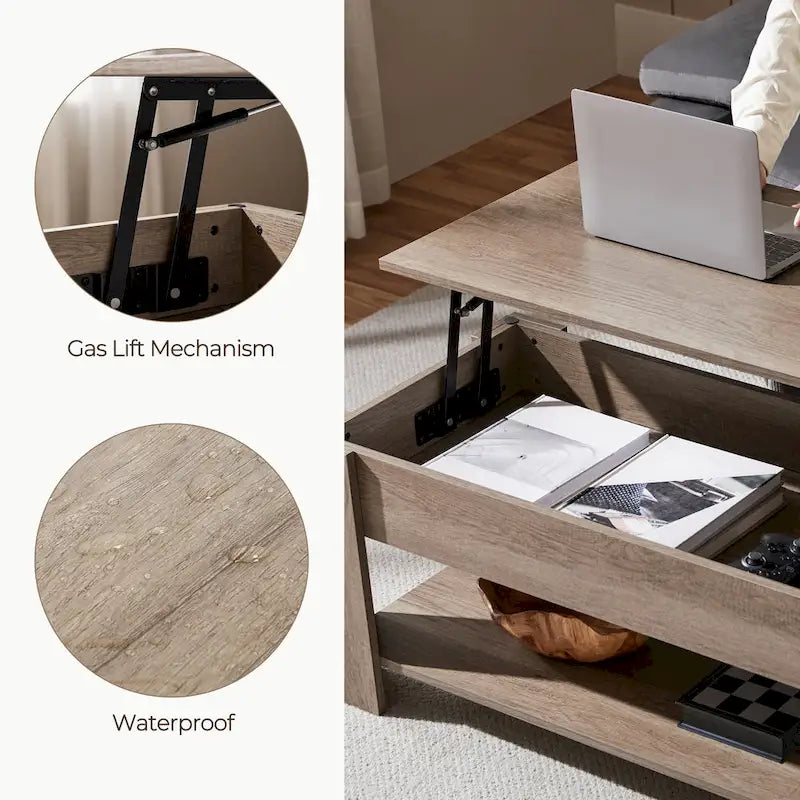 Table basse relevable de 98 cm avec rangement caché et étagère inférieure — Multifonctionnelle