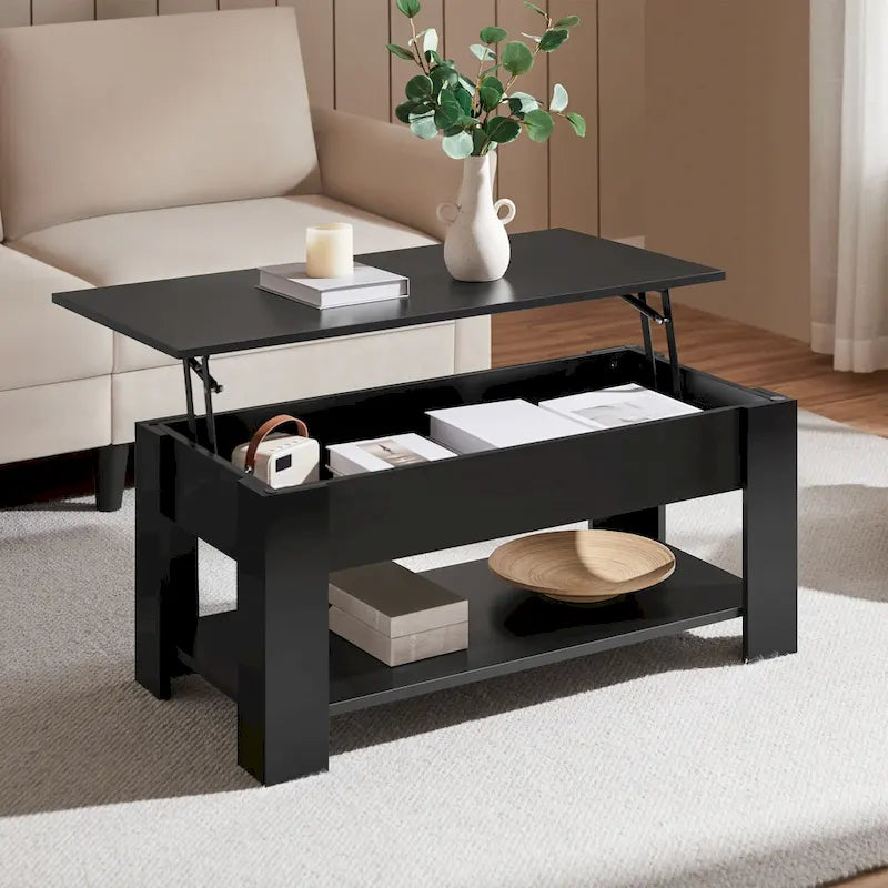 Table basse relevable de 98 cm avec rangement caché et étagère inférieure — Multifonctionnelle