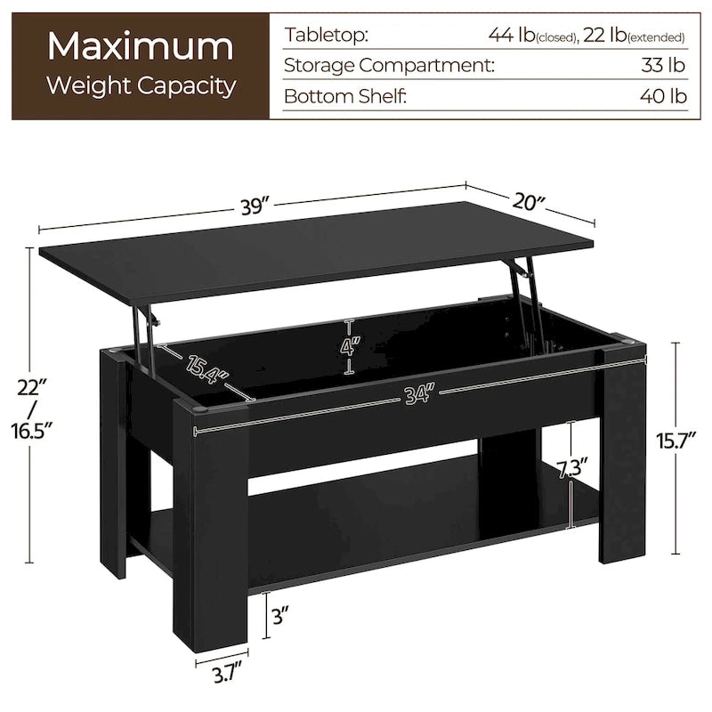 Table basse relevable de 98 cm avec rangement caché et étagère inférieure — Multifonctionnelle