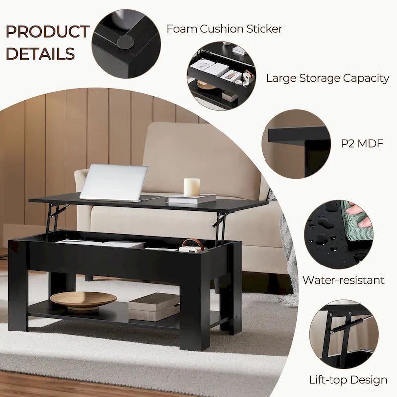 Table basse relevable de 98 cm avec rangement caché et étagère inférieure — Multifonctionnelle