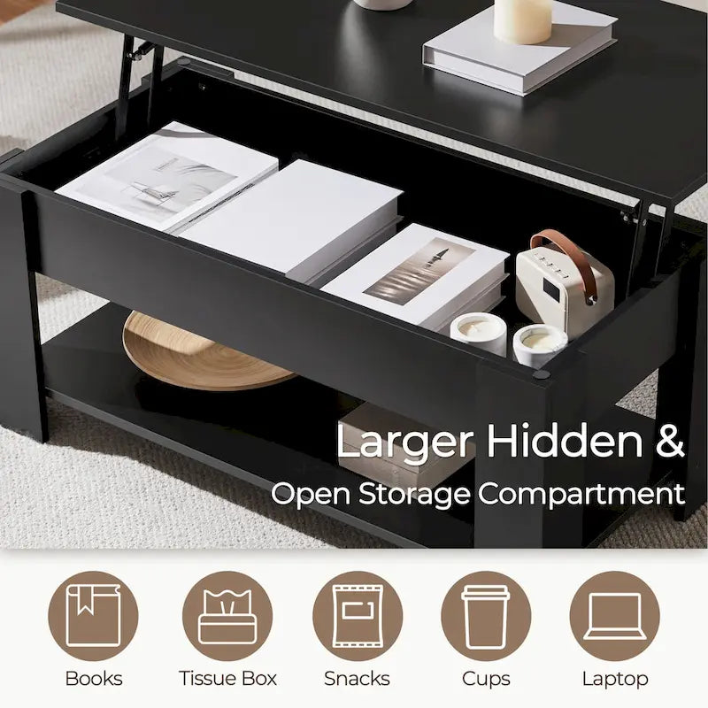 Table basse relevable de 98 cm avec rangement caché et étagère inférieure — Multifonctionnelle