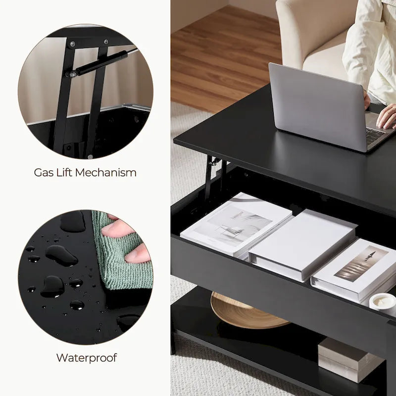 Table basse relevable de 98 cm avec rangement caché et étagère inférieure — Multifonctionnelle