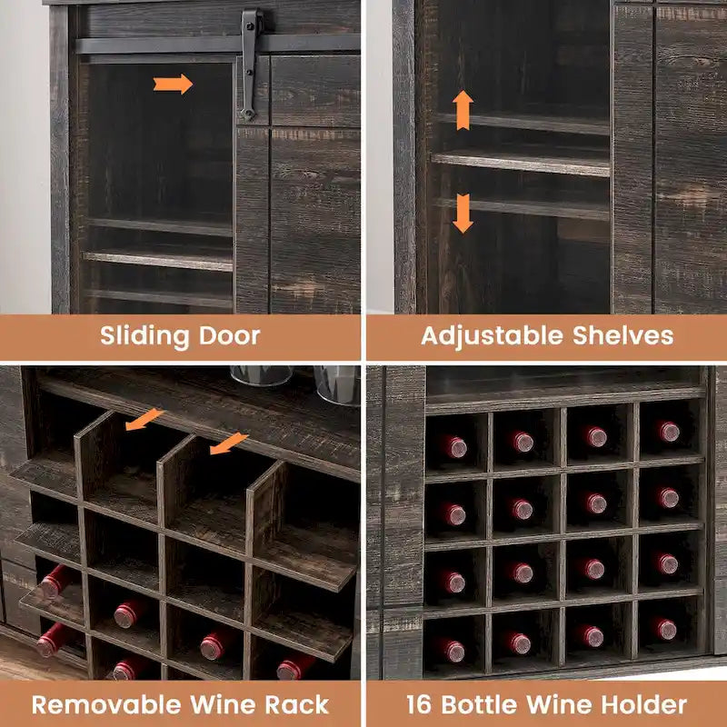Buffet de bar à vin de ferme avec porte coulissante de 47,2 po et casier à vin — 4 couleurs