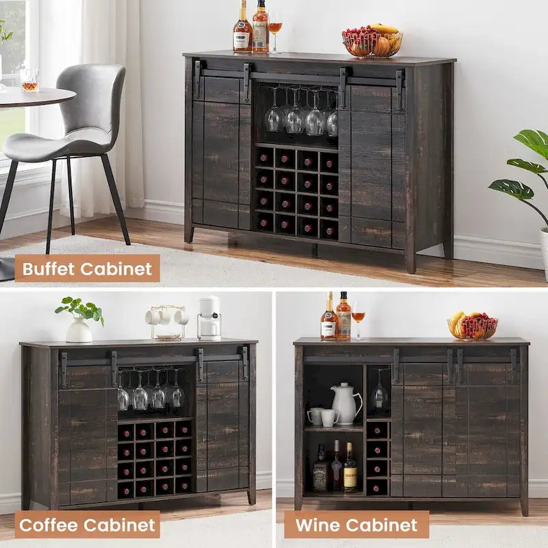 Buffet de bar à vin de ferme avec porte coulissante de 47,2 po et casier à vin — 4 couleurs