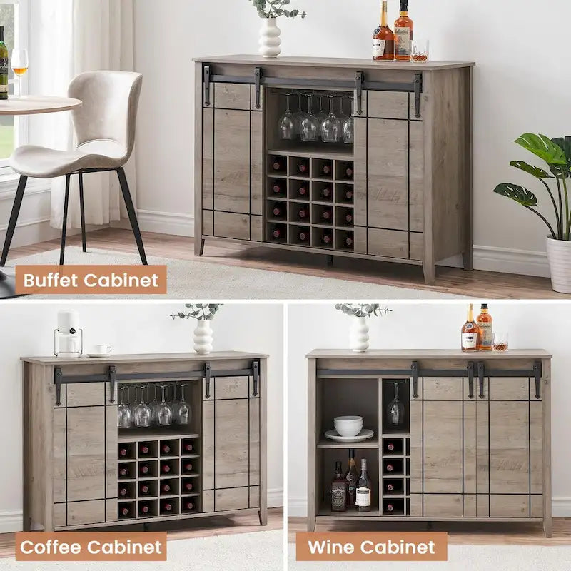Buffet de bar à vin de ferme avec porte coulissante de 47,2 po et casier à vin — 4 couleurs
