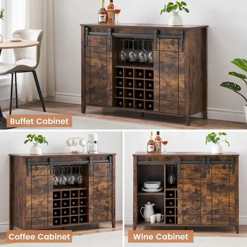 Buffet de bar à vin de ferme avec porte coulissante de 47,2 po et casier à vin — 4 couleurs