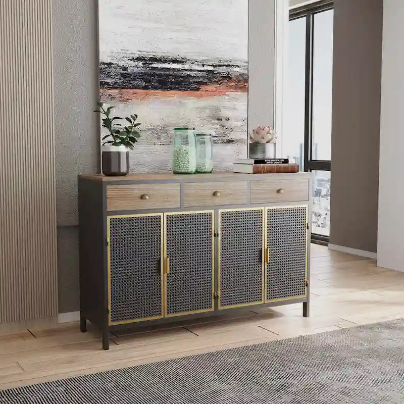 Buffet de rangement moderne | Gris foncé | Fer et bois | Tiroirs supérieurs | 2 ou 4 portes
