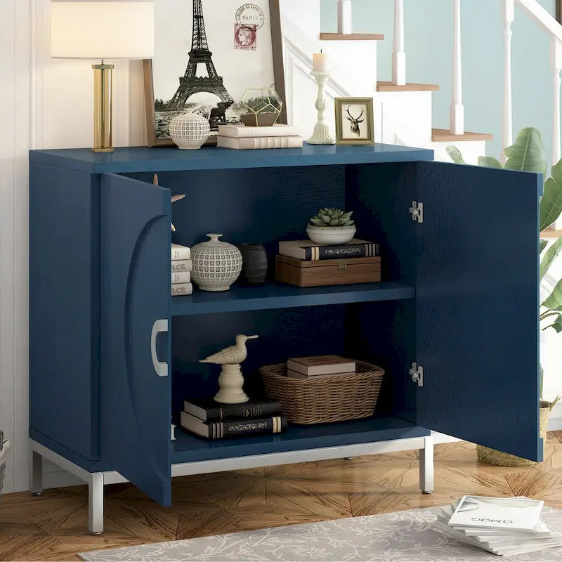 Meuble de rangement en placage de bois massif avec portes arrondies et pieds en métal — 3 couleurs