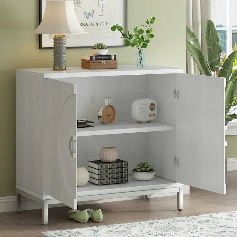Meuble de rangement en placage de bois massif avec portes arrondies et pieds en métal — 3 couleurs
