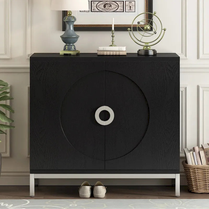 Meuble de rangement en placage de bois massif avec portes arrondies et pieds en métal — 3 couleurs