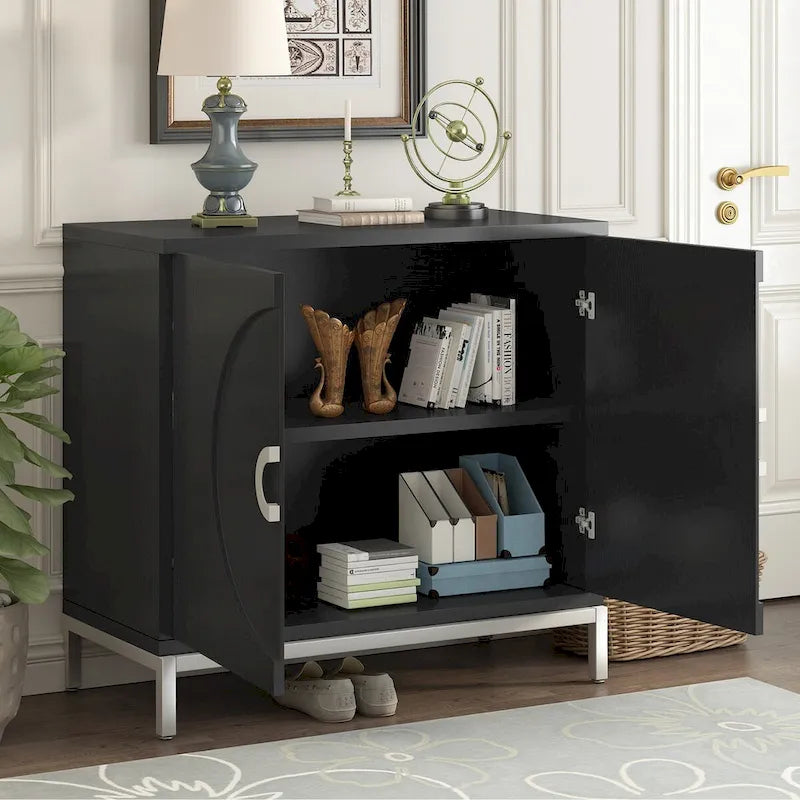 Meuble de rangement en placage de bois massif avec portes arrondies et pieds en métal — 3 couleurs