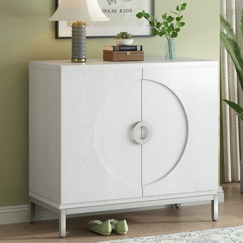 Meuble de rangement en placage de bois massif avec portes arrondies et pieds en métal — 3 couleurs