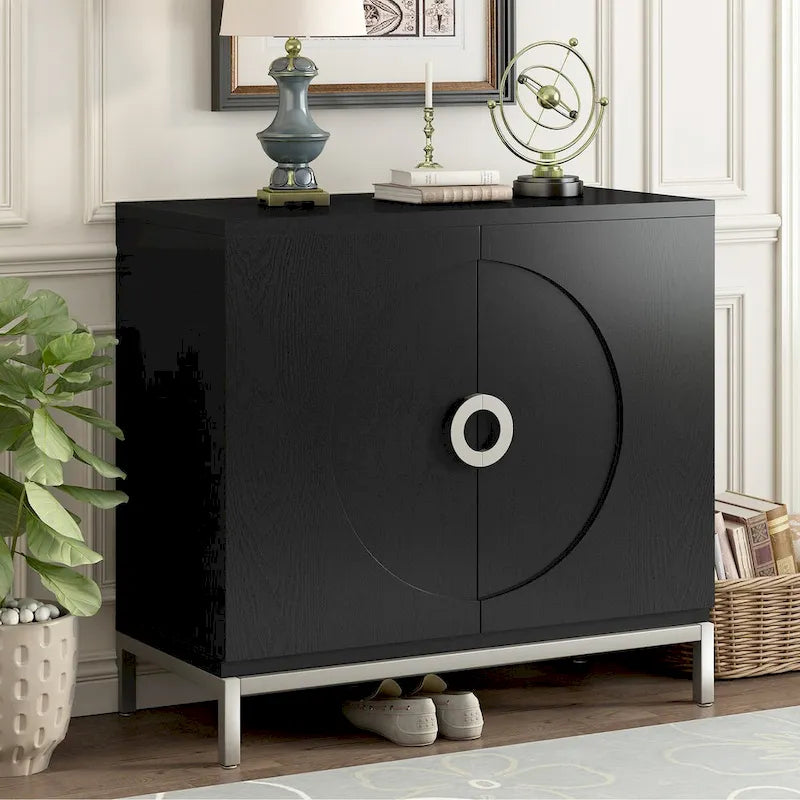Meuble de rangement en placage de bois massif avec portes arrondies et pieds en métal — 3 couleurs