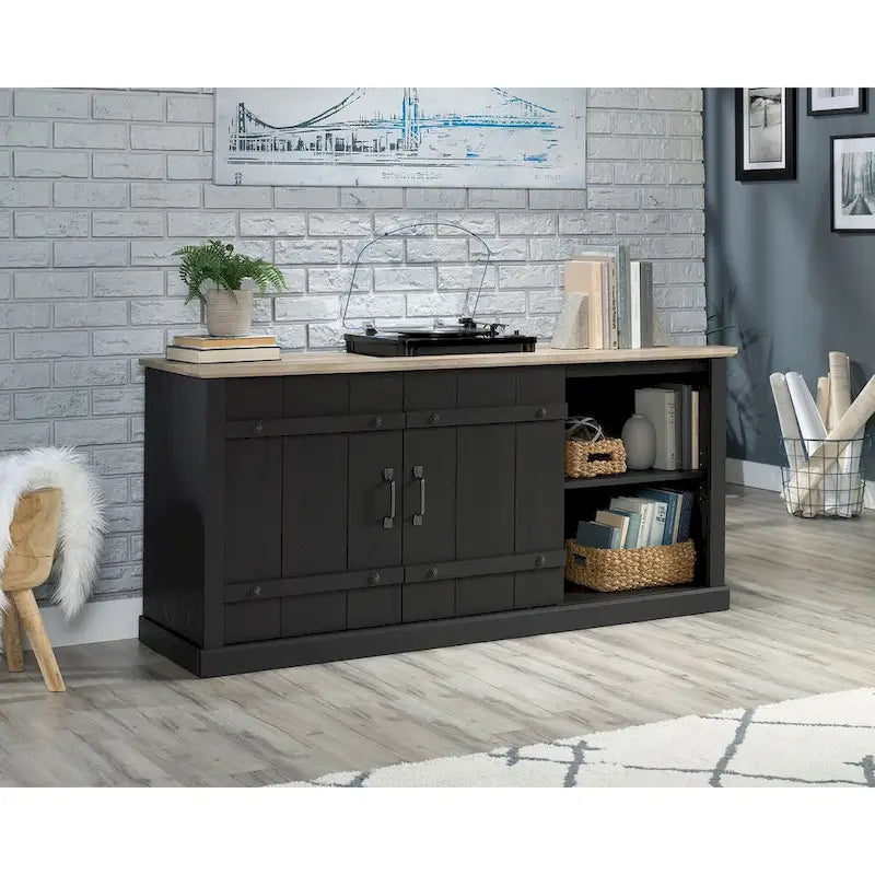 Meuble TV et Credenza de divertissement de style rustique avec portes coulissantes façon grange – Convient aux téléviseurs jusqu'à 70 po