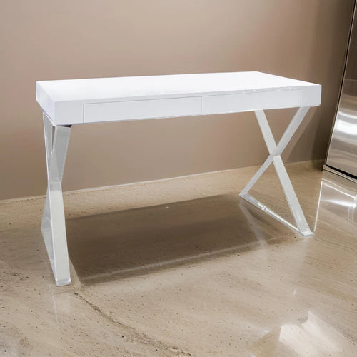 Rix 47 Inch Office Desk, White Wood Top, 2 Drawers, X Polished Steel Legs