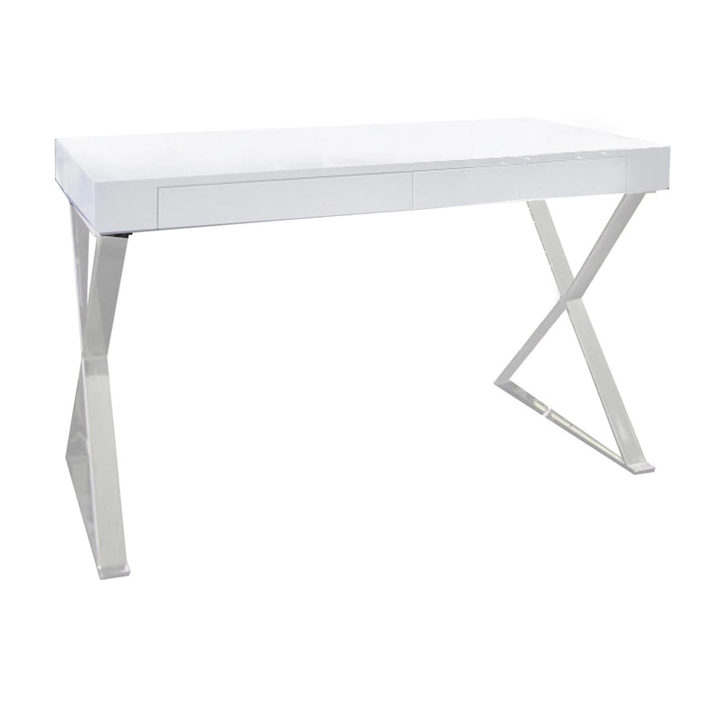 Bureau moderne de 120 cm | Plateau blanc laqué | Piètement en acier en X | 2 tiroirs
