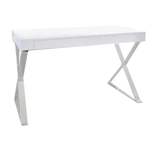 Bureau moderne de 120 cm | Plateau blanc laqué | Piètement en acier en X | 2 tiroirs