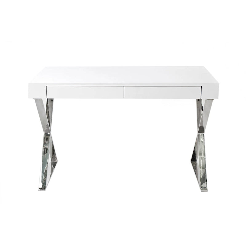 Bureau moderne de 120 cm | Plateau blanc laqué | Piètement en acier en X | 2 tiroirs