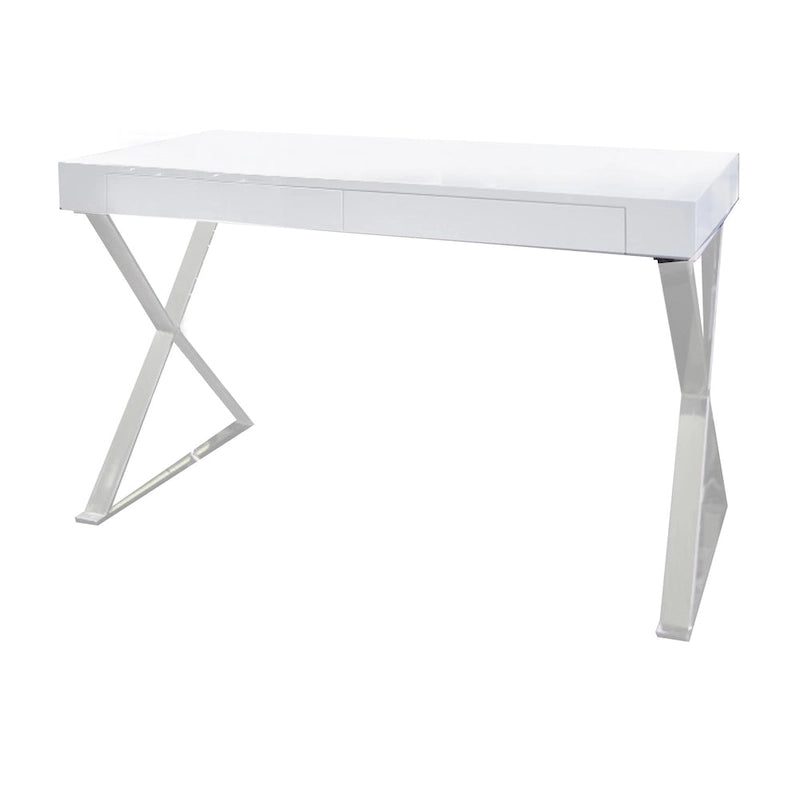 Bureau moderne de 120 cm | Plateau blanc laqué | Piètement en acier en X | 2 tiroirs
