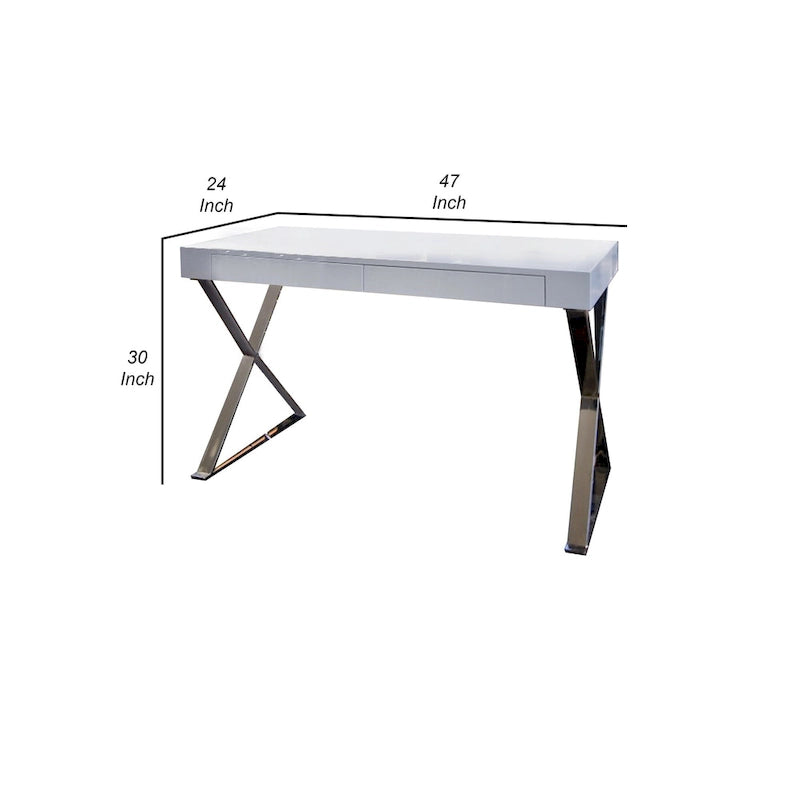 Bureau moderne de 120 cm | Plateau blanc laqué | Piètement en acier en X | 2 tiroirs