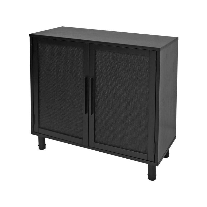 Meuble de rangement noir à 2 portes | Panneaux en rotin tressé naturel | Étagère réglable | Style bohème moderne