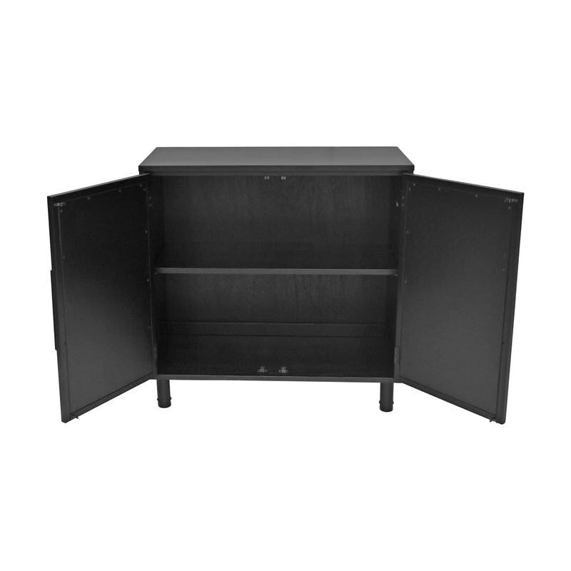 Meuble de rangement noir à 2 portes | Panneaux en rotin tressé naturel | Étagère réglable | Style bohème moderne