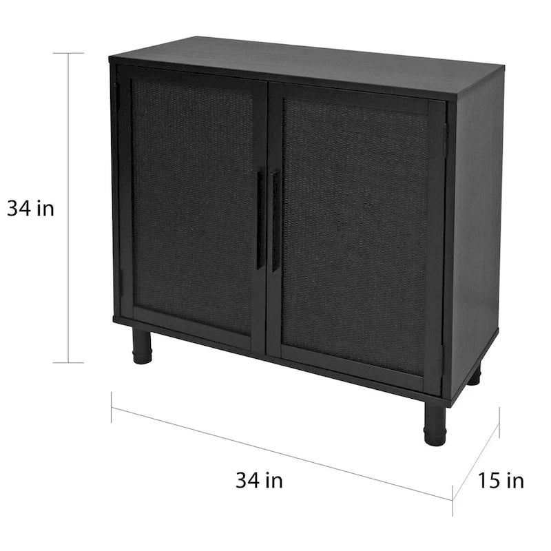 Meuble de rangement noir à 2 portes | Panneaux en rotin tressé naturel | Étagère réglable | Style bohème moderne