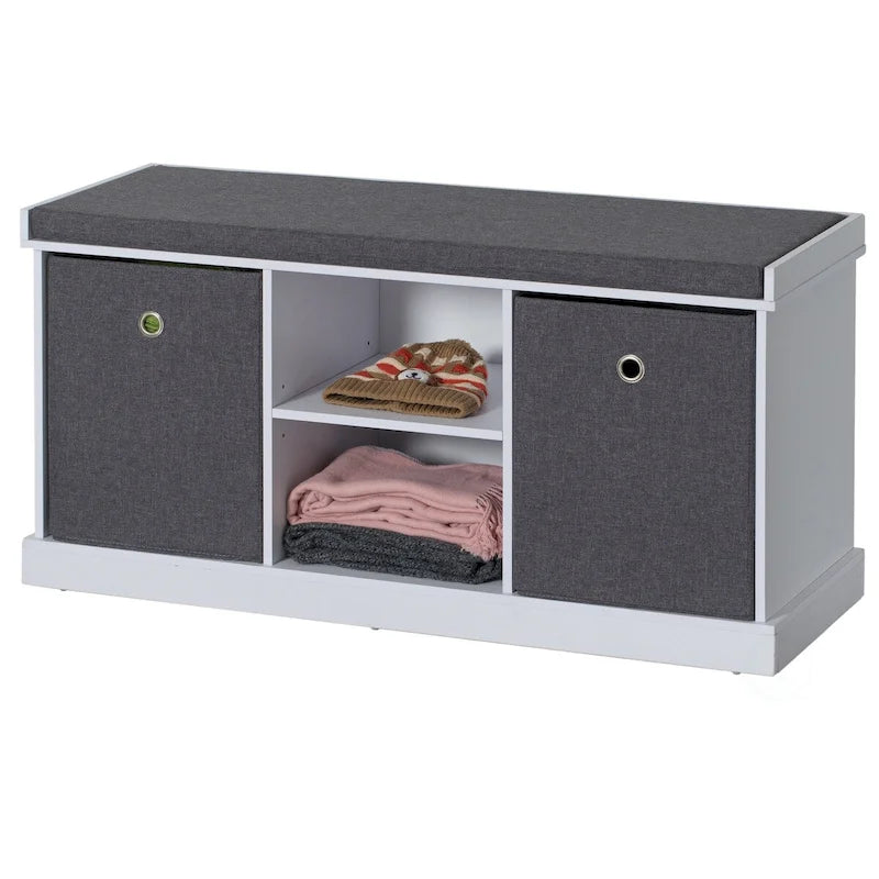 Banc de rangement d'entrée avec 2 étagères, 2 paniers pliables et coussin gris — Blanc