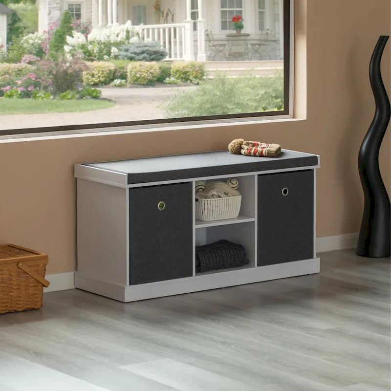 Banc de rangement d'entrée avec 2 étagères, 2 paniers pliables et coussin gris — Blanc