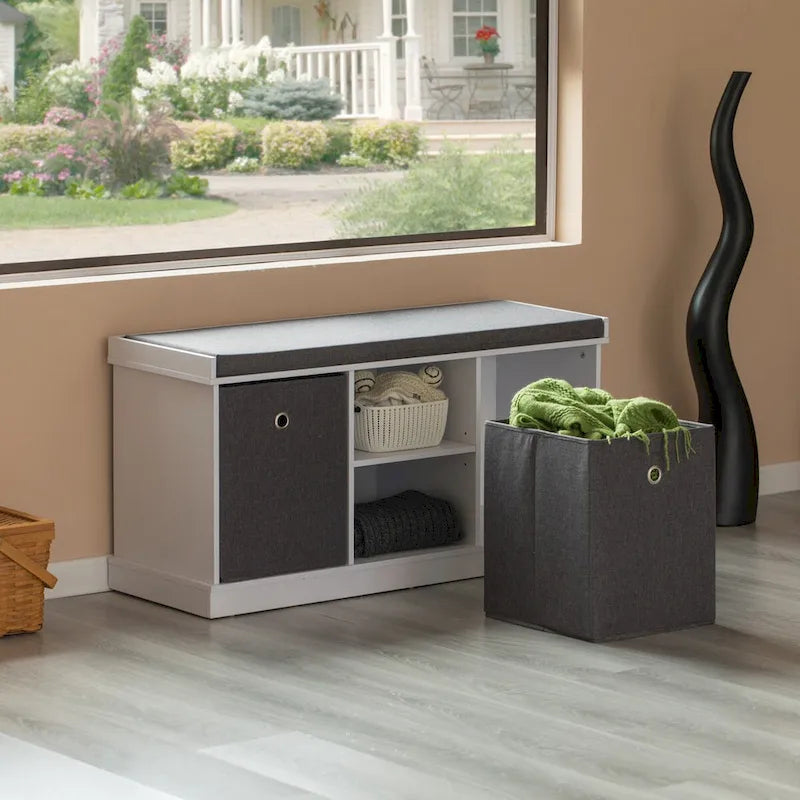 Banc de rangement d'entrée avec 2 étagères, 2 paniers pliables et coussin gris — Blanc