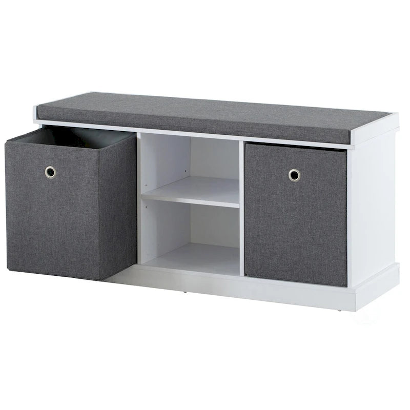 Banc de rangement d'entrée avec 2 étagères, 2 paniers pliables et coussin gris — Blanc