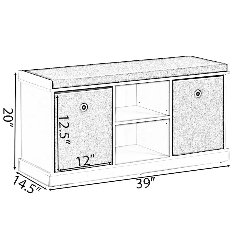 Banc de rangement d'entrée avec 2 étagères, 2 paniers pliables et coussin gris — Blanc