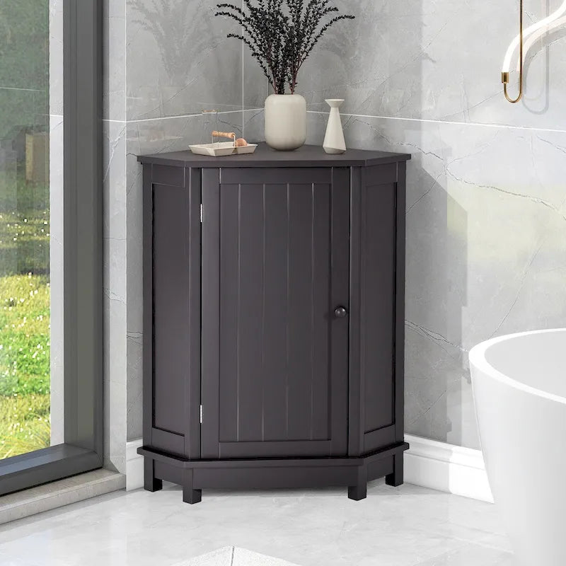 Meuble d'angle triangulaire moderne | 2 étagères réglables | Porte fermée | Salle de bain et usages multiples | 4 coloris