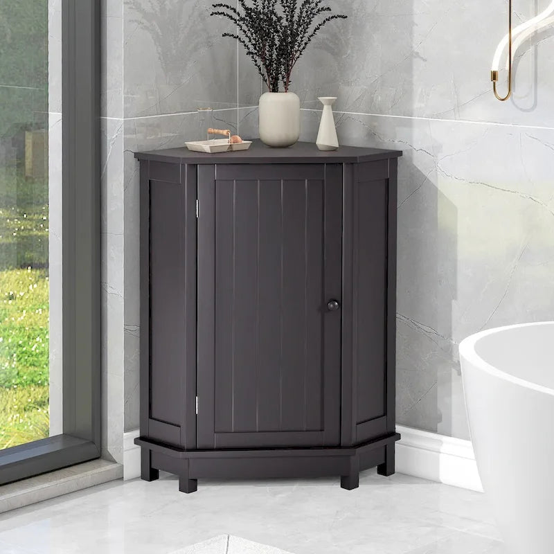 Meuble d'angle triangulaire moderne | 2 étagères réglables | Porte fermée | Salle de bain et usages multiples | 4 coloris