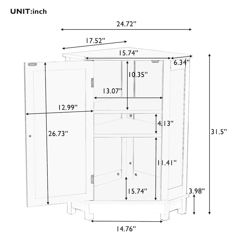 Meuble d'angle triangulaire moderne | 2 étagères réglables | Porte fermée | Salle de bain et usages multiples | 4 coloris