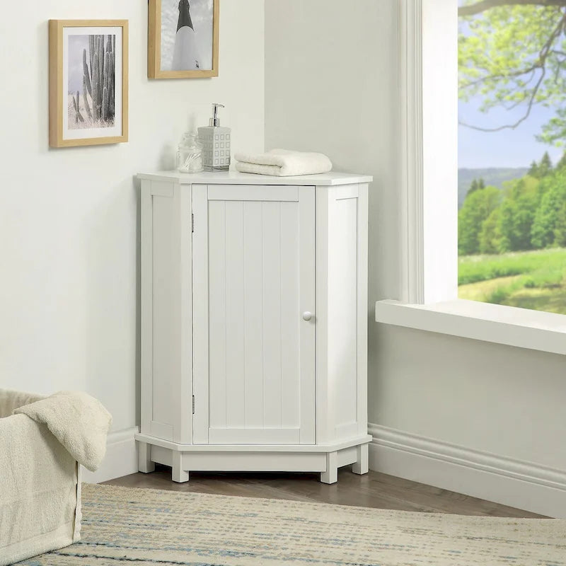 Meuble d'angle triangulaire moderne | 2 étagères réglables | Porte fermée | Salle de bain et usages multiples | 4 coloris