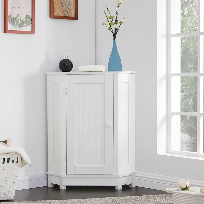 Meuble d'angle triangulaire moderne | 2 étagères réglables | Porte fermée | Salle de bain et usages multiples | 4 coloris