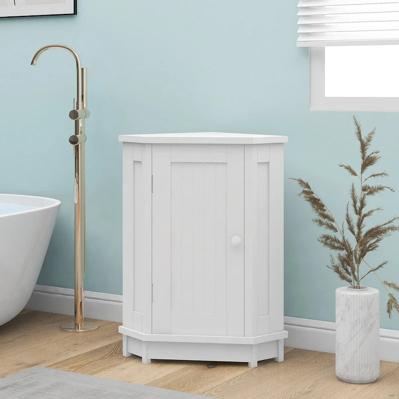 Meuble d'angle triangulaire moderne | 2 étagères réglables | Porte fermée | Salle de bain et usages multiples | 4 coloris