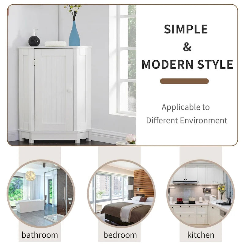 Meuble d'angle triangulaire moderne | 2 étagères réglables | Porte fermée | Salle de bain et usages multiples | 4 coloris