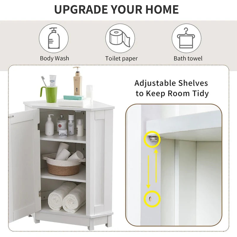 Meuble d'angle triangulaire moderne | 2 étagères réglables | Porte fermée | Salle de bain et usages multiples | 4 coloris