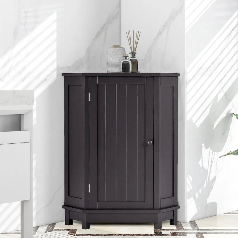 Meuble d'angle triangulaire moderne | 2 étagères réglables | Porte fermée | Salle de bain et usages multiples | 4 coloris
